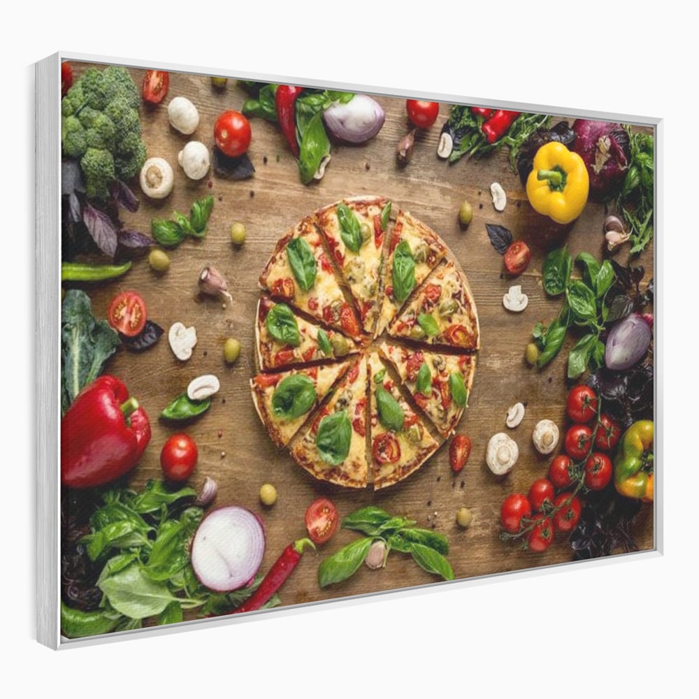 Tablou canvas cu tablou canvas cu pizza si legume, in rama de aluminiu argintiu